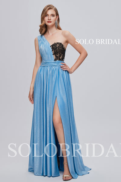 3210821 Sky Blue One Shoulder Floor Length Slit Prom Dress