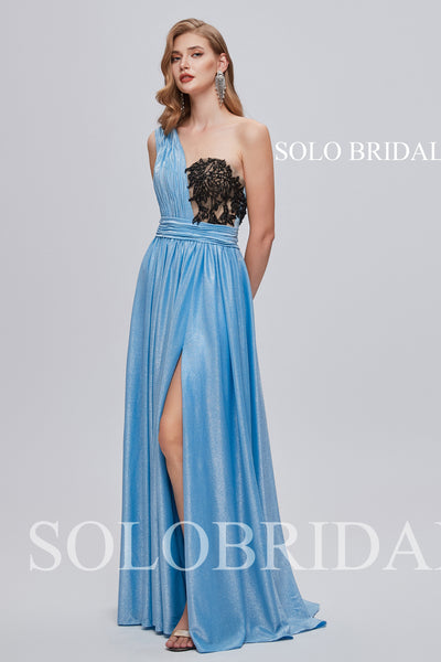 3210821 Sky Blue One Shoulder Floor Length Slit Prom Dress
