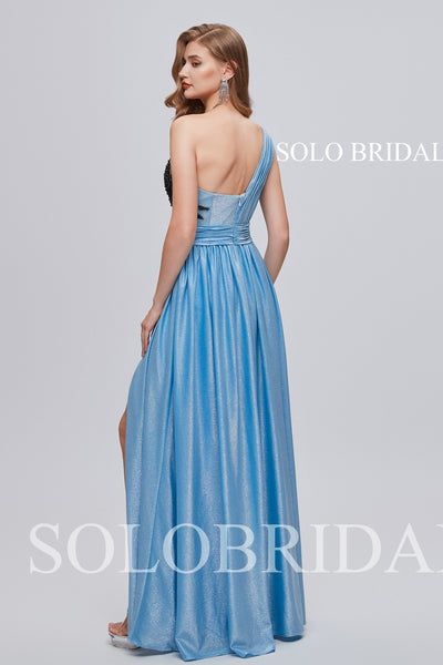 3210821 Sky Blue One Shoulder Floor Length Slit Prom Dress