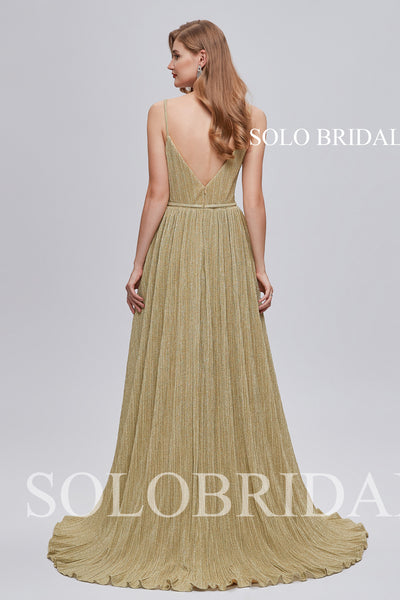 3310831 Yellow A Line V Neck Sparkly Evening Dresses with Train