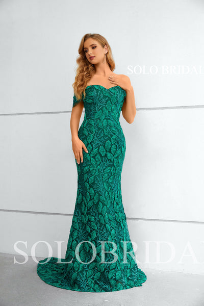 Green Sparkle Off Shoulder Sweetheart Fit and Flare Lady Lace Evening Dresses 3510861