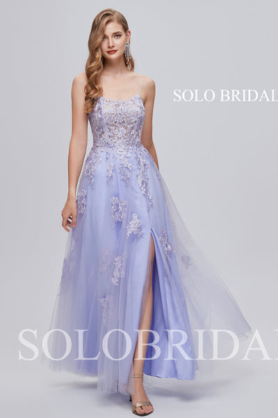 3610311 Strapless Purple A Line Slit Lace Evening Dress