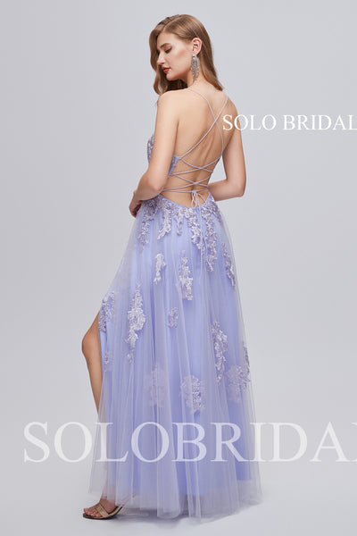 3610311 Strapless Purple A Line Slit Lace Evening Dress