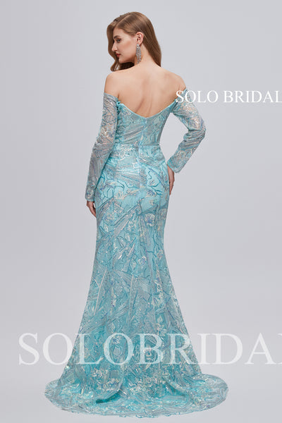3810711 Tiffany Blue Off Shoulder Long Sleeve Fit and Flare Evening Dress