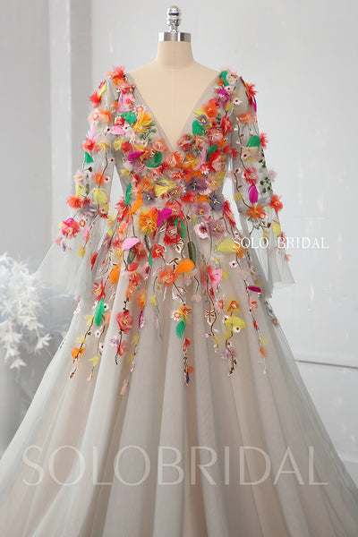 A line silver grey wedding dress with colorful 3D flowers 724A7071a