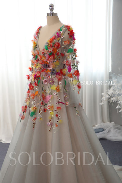 A line silver grey wedding dress with colorful 3D flowers 724A7071a