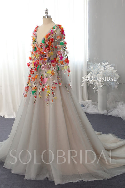 A line silver grey wedding dress with colorful 3D flowers 724A7071a