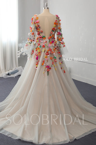 A line silver grey wedding dress with colorful 3D flowers 724A7071a