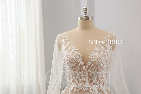 Dark Champagne deep V neck slit long sleeve wedding dress 724A9927