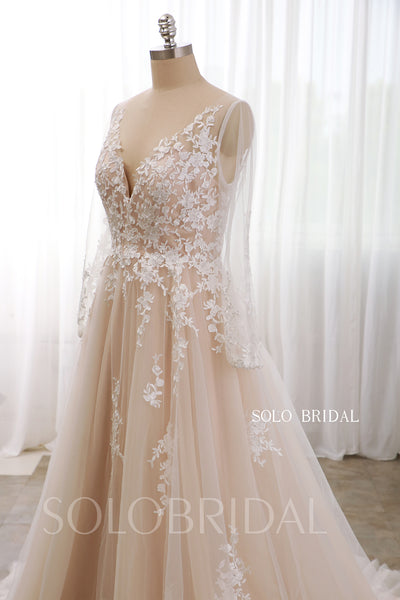 Dark Champagne deep V neck slit long sleeve wedding dress 724A9927
