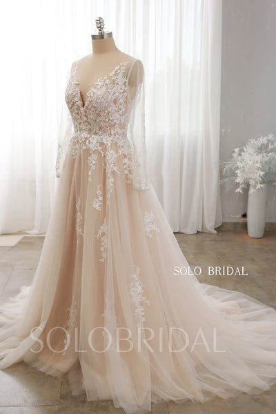 Dark Champagne deep V neck slit long sleeve wedding dress 724A9927