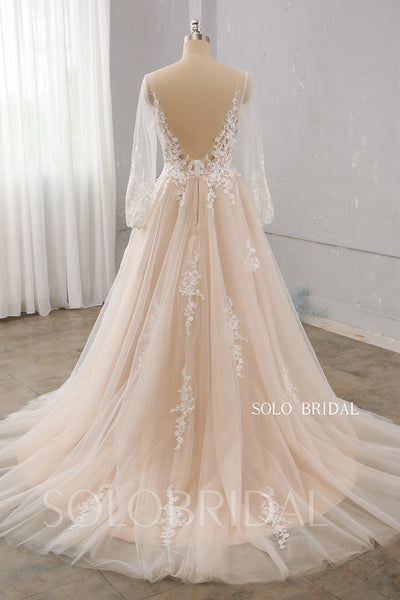Dark Champagne deep V neck slit long sleeve wedding dress 724A9927