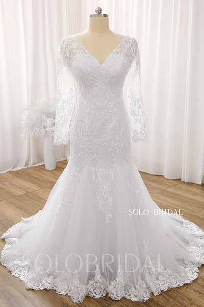 White V neck Long Sleeve Court Train Zipper Mermaid Wedding Dress DPP_0002
