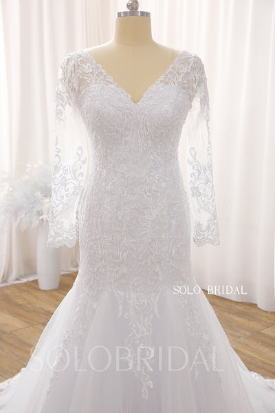 White V neck Long Sleeve Court Train Zipper Mermaid Wedding Dress DPP_0002