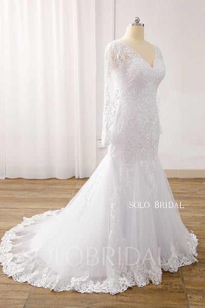 White V neck Long Sleeve Court Train Zipper Mermaid Wedding Dress DPP_0002