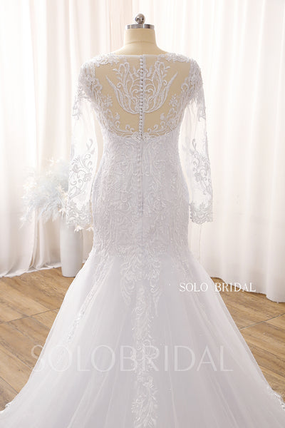 White V neck Long Sleeve Court Train Zipper Mermaid Wedding Dress DPP_0002