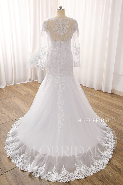 White V neck Long Sleeve Court Train Zipper Mermaid Wedding Dress DPP_0002