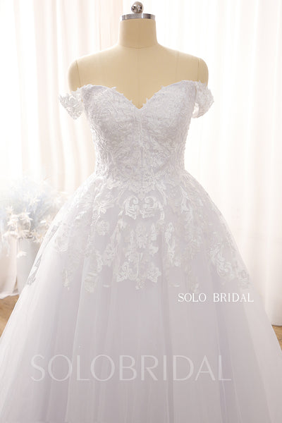 White V Neck Off Shoulder Tulle Ball Gown Corset Wedding Dress DPP_0064