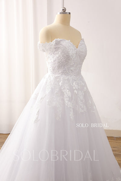 White V Neck Off Shoulder Tulle Ball Gown Corset Wedding Dress DPP_0064