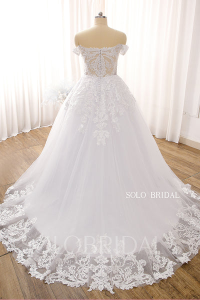 White V Neck Off Shoulder Tulle Ball Gown Corset Wedding Dress DPP_0064