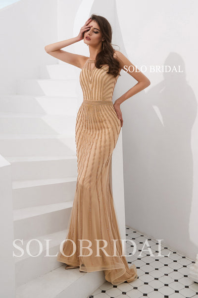 Wine Gold Sheath Beaded Prom Dress