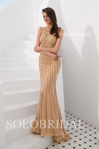 Wine Gold Sheath Beaded Prom Dress