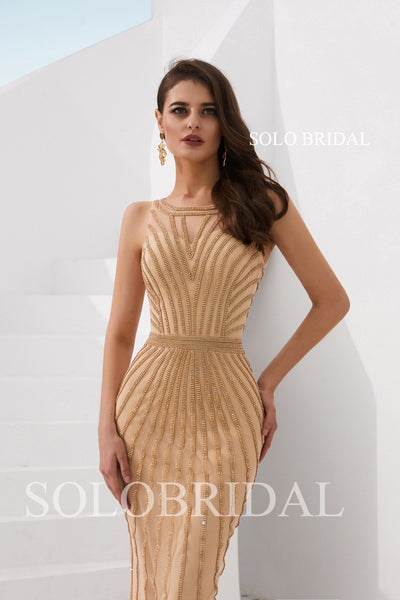 Wine Gold Sheath Beaded Prom Dress