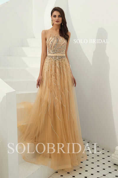 A Line Champagne Tulle Prom Dress