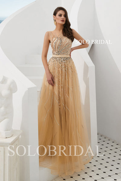 A Line Champagne Tulle Prom Dress