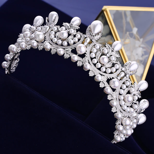 Luxury Cubic Zirconia Bridal Tiara With Pearls