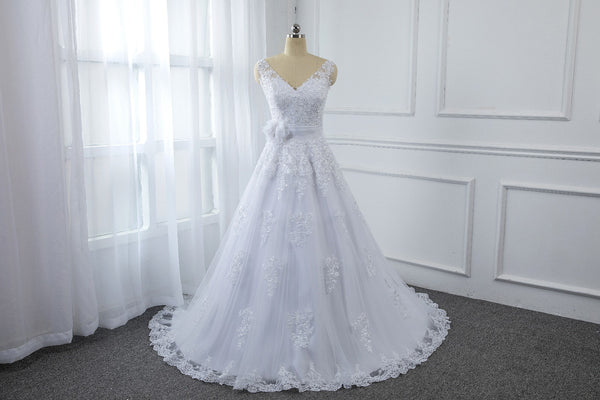 A Line Sequined Wedding Dress with Tulle flower Belt