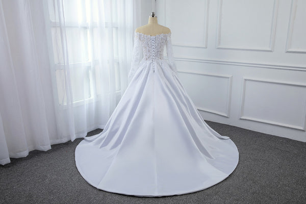 A Line Satin Transparent Lace Bodice with Long Sleeve Off Shoulder Wedding Dress