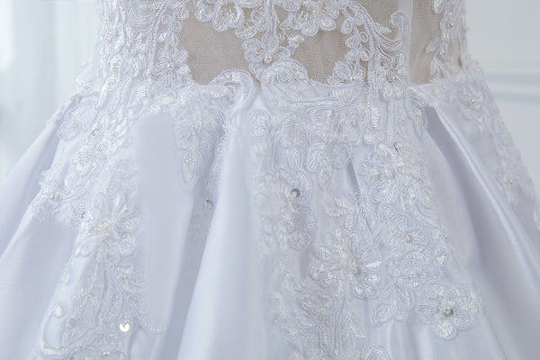 A Line Satin Transparent Lace Bodice with Long Sleeve Off Shoulder Wedding Dress