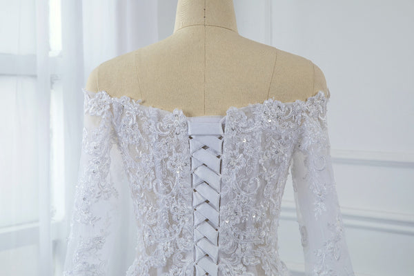 A Line Satin Transparent Lace Bodice with Long Sleeve Off Shoulder Wedding Dress
