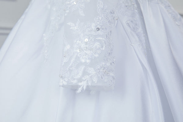 A Line Satin Transparent Lace Bodice with Long Sleeve Off Shoulder Wedding Dress