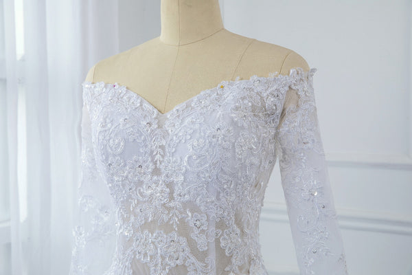 A Line Satin Transparent Lace Bodice with Long Sleeve Off Shoulder Wedding Dress