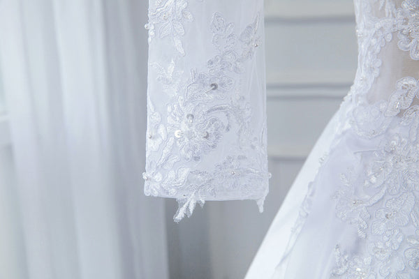A Line Satin Transparent Lace Bodice with Long Sleeve Off Shoulder Wedding Dress