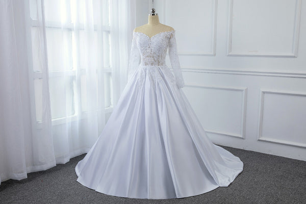 A Line Satin Transparent Lace Bodice with Long Sleeve Off Shoulder Wedding Dress