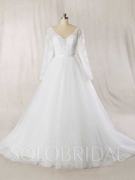 A Line Tulle Wedding Dress with Deep V neckline