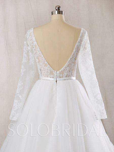 A Line Tulle Wedding Dress with Deep V neckline