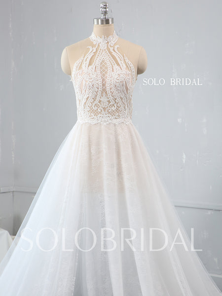 A Line See Through Halter Neck Wedding Dress with Split Opening