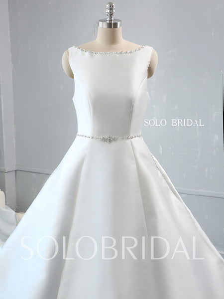 A Line Boat Neckline Ivory Silk Satin Diamonds Wedding Dress