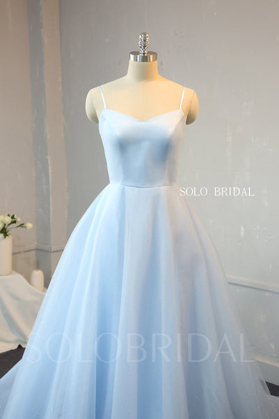 A Line Baby Blue Satin and Shiny Tulle Prom Dress