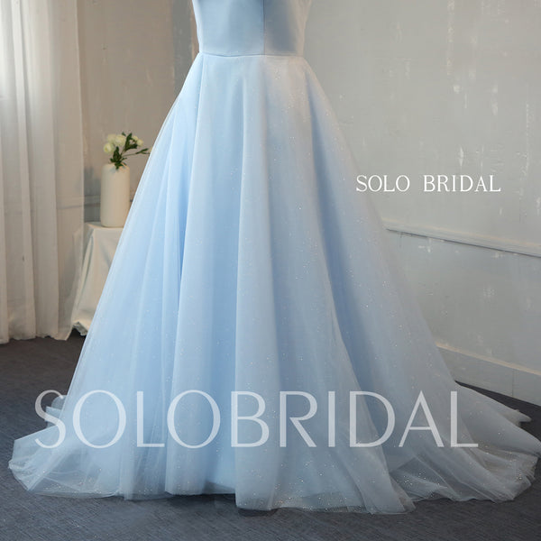 A Line Baby Blue Satin and Shiny Tulle Prom Dress