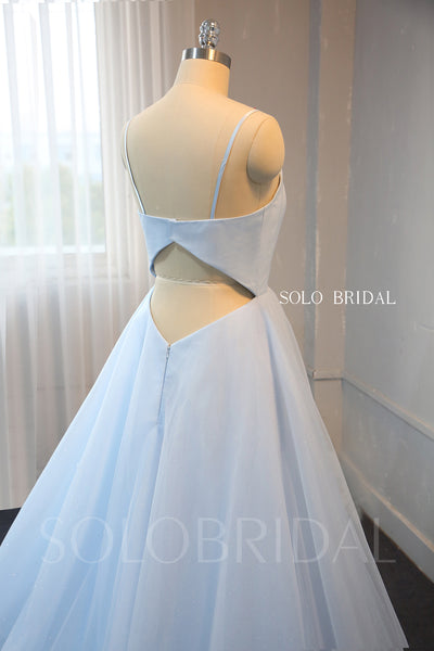 A Line Baby Blue Satin and Shiny Tulle Prom Dress