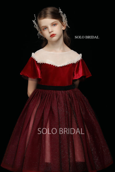 Red Velvet Shiny Tulle Flower Girl Dress