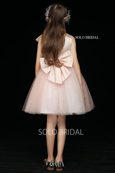 Pink Satin Short Flower Girl Dress with Big Bow