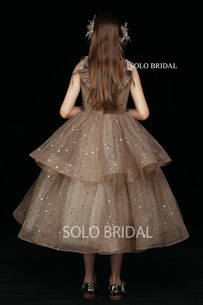 Coffee Star and Moon Shiny Tulle Flower Girl Dress