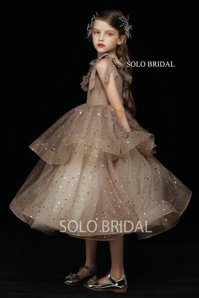 Coffee Star and Moon Shiny Tulle Flower Girl Dress