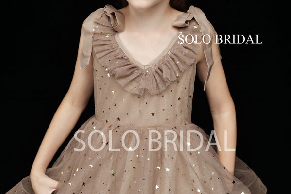 Coffee Star and Moon Shiny Tulle Flower Girl Dress